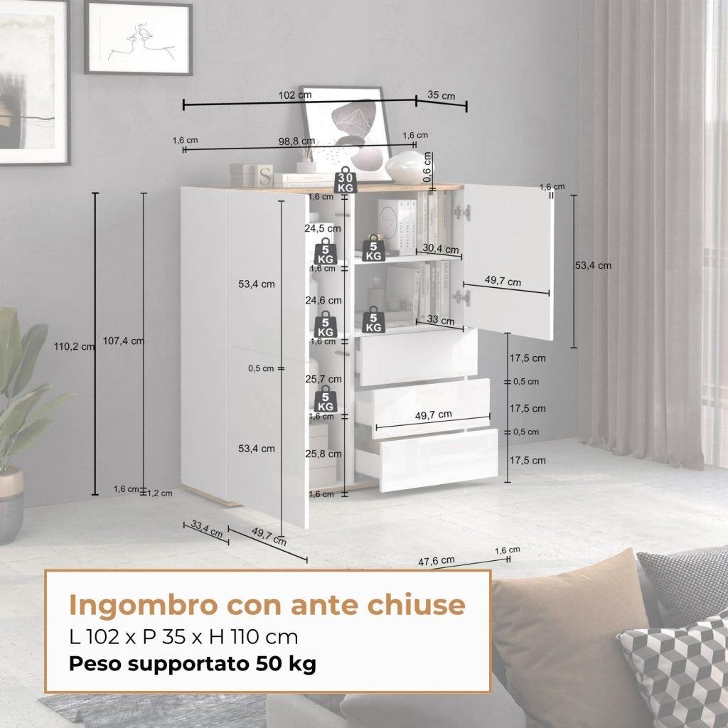WHOUS Credenza Garda a 3 ante e 3 cassetti bianco lucido e rovere 102x35x110 cm