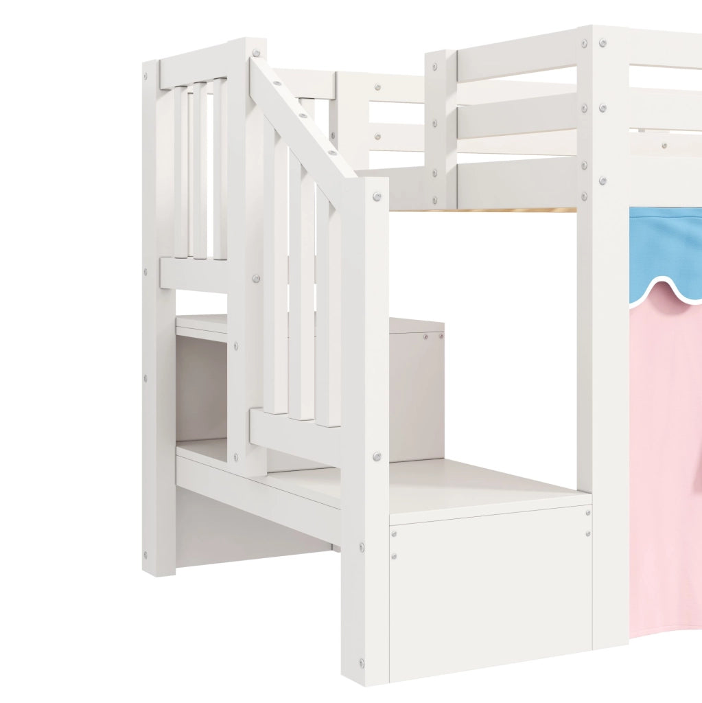 Letto a soppalco basso 90x200 cm in pino e MDF; bianco; con tende oscuranti e LED