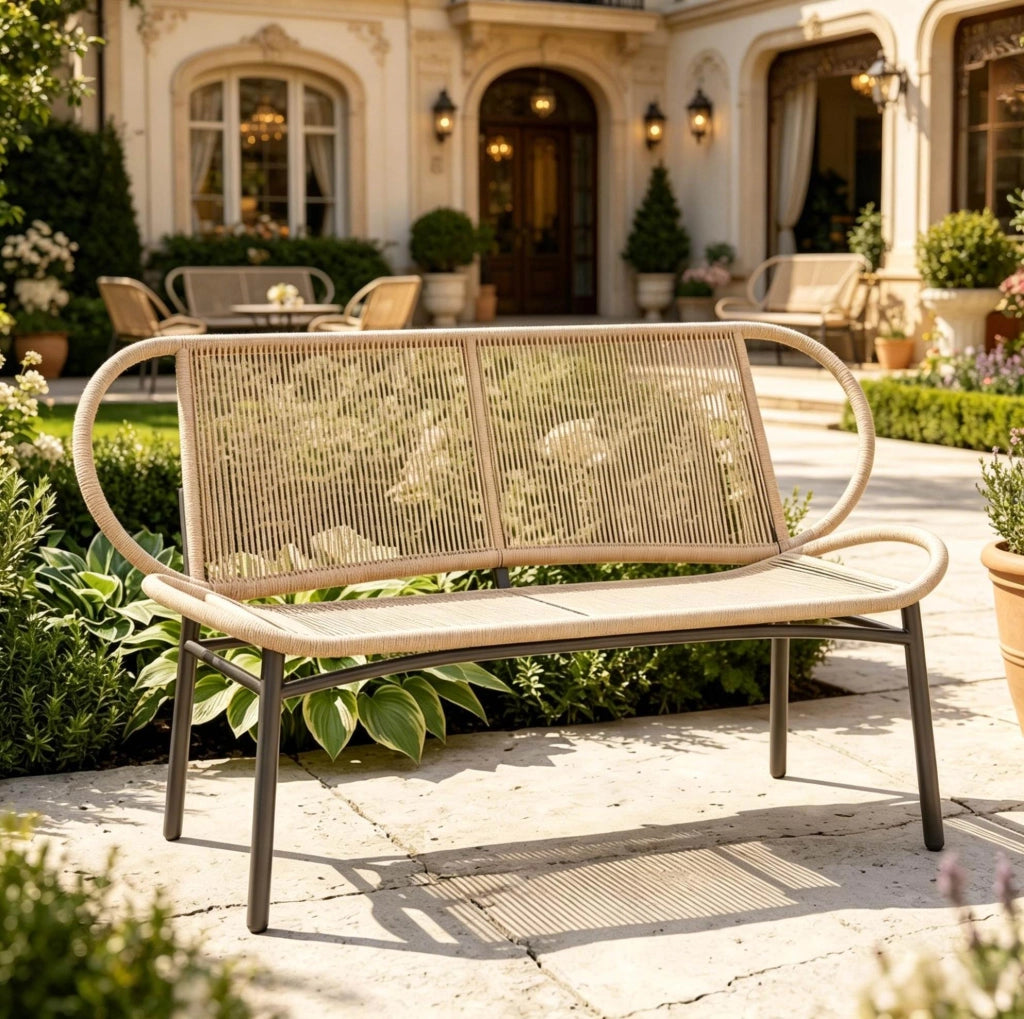 Panca da giardino a 2 posti in rattan PE e metallo; 138 cm; naturale e nero