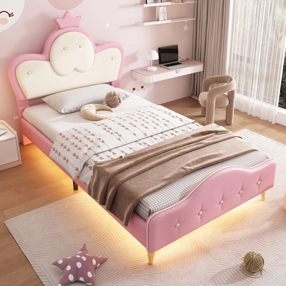Letto Imbottito Singolo con LED e Testiera a Corona ¨C MINIMAL ¨C Rosa/Bianco, PU, 90x200 cm
