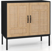 Credenza da Cucina, Armadio con 2 Ante Intrecciate in Rattan, Ripiano Regolabile a 3 Posizioni, Armadietto Boho per Cucina, Sala da Pranzo, Soggiorno e Corridoio, 80 x 38 x 81 cm (Nero)