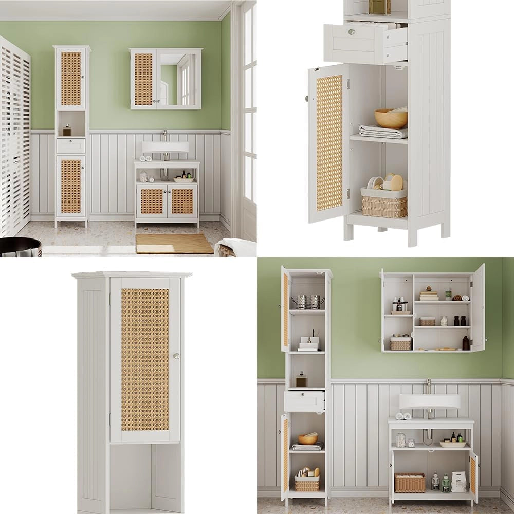 Armadio per il bagno Rosario, Bianco, 32 x 170 cm con 2 ante e cassetto, per la conservazione di articoli da bagno e asciugamani