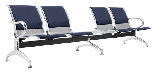 Panca per Sala Attesa 4 Posti da Ufficio con Cuscino e Tavolino in Acciaio e Similpelle Argento/Blu