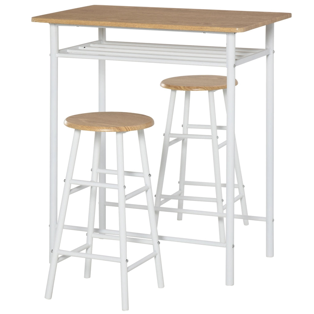 Set bartavolo 3 pezzi con 2 sgabelli, design industriale, MDF bianco, 80 x 50 x 90 cm