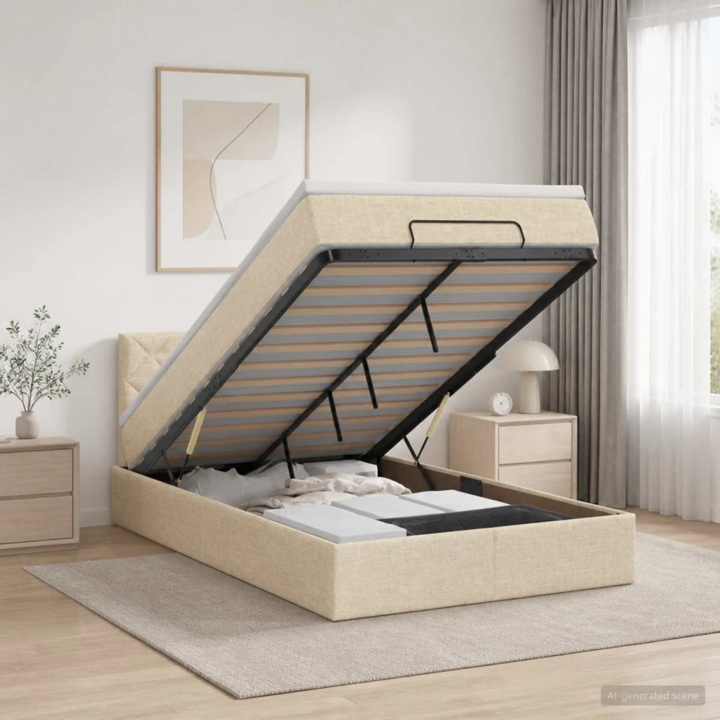 Letto Ottomano con Materasso e LED Crema 120 x 190 cm Tessuto 3456979