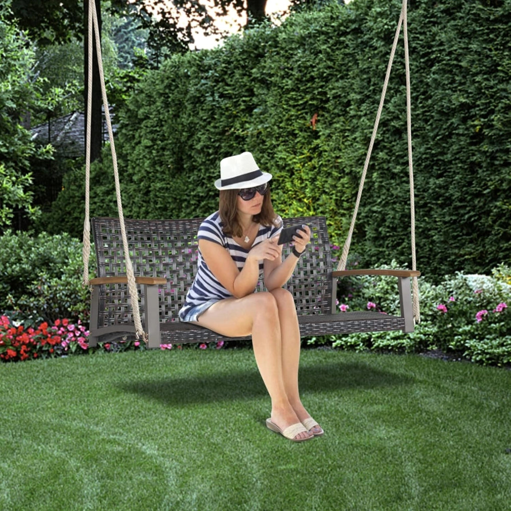 Altalena in vimini per 2 persone in rattan PE con schienale curvo per esterni, corde resistenti, capacità di carico di 360 kg, per terrazza, patio, giardino, balcone