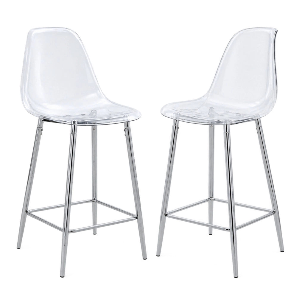 Set di 2 sgabelli da bar trasparenti con struttura in metallo argento
