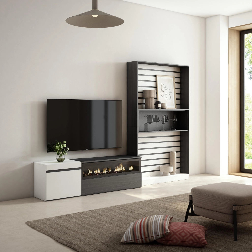 Mobile TV, Soggiorno, 260x35x186cm, Per TV fino a 65", Camino elettrico, Bianco e nero RF2547