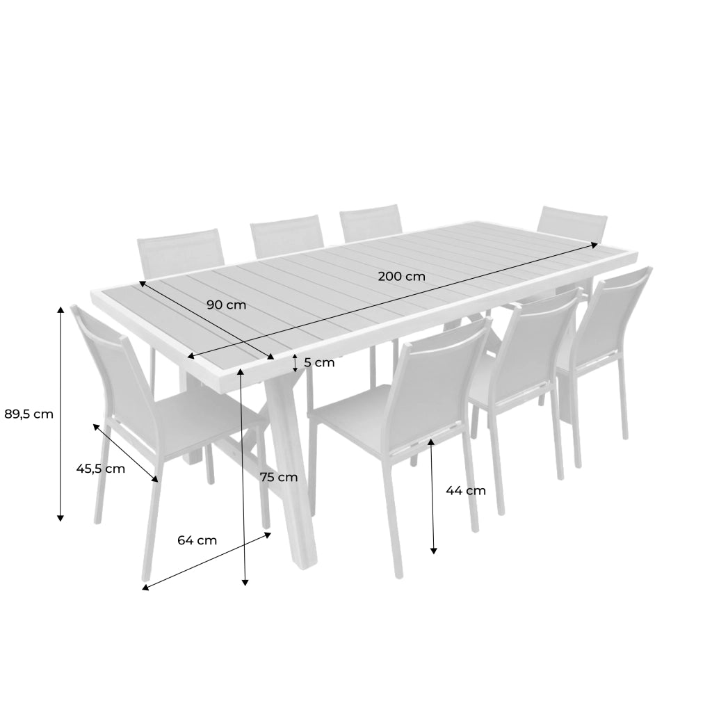 Set tavolo da giardino in legno di hevea e alluminio con 8 sedie,