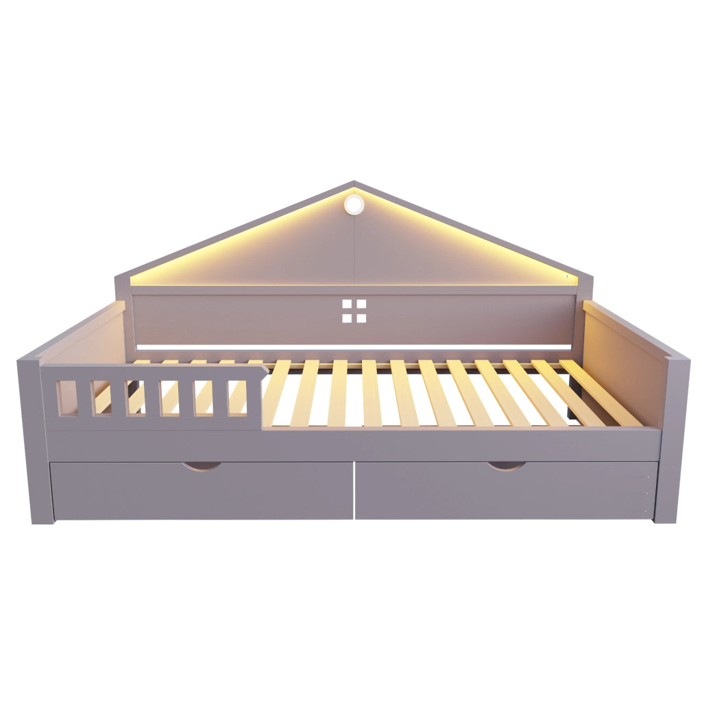 Letto singolo 90×200 cm con 2 cassetti; LED e struttura in legno massello e MDF; senza materasso; grigio