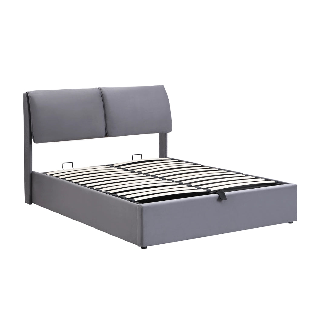 Letto imbottito 140x200 in velluto grigio con 3 cassetti, contenitore idraulico, rete a doghe e testiera regolabile