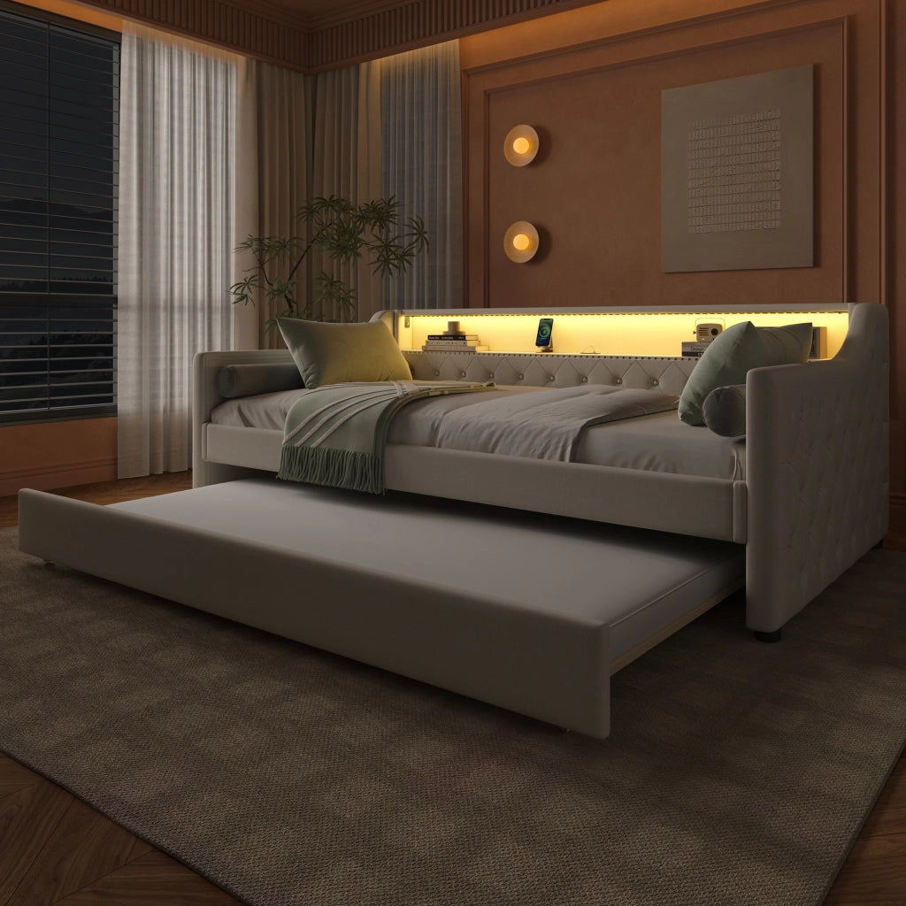 DESMIU Divano letto 90 × 200 cm 1 posto con letto estraibile, LED e USB, senza materasso, in lino, beige