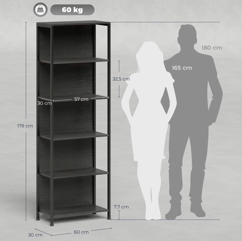 Libreria a 5 livelli 60x30x179 cm in legno e metallo nero con LED