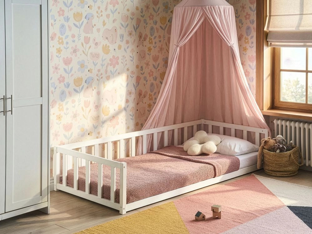 Letto a terra per bambini in legno di pino bianco 90 x 200 cm con rete a doghe per bambini piccoli