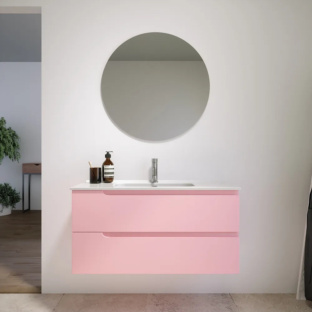 Mobile bagno sospeso 100 cm due cassetti rosa cipria opaco con lavabo | Ardenne