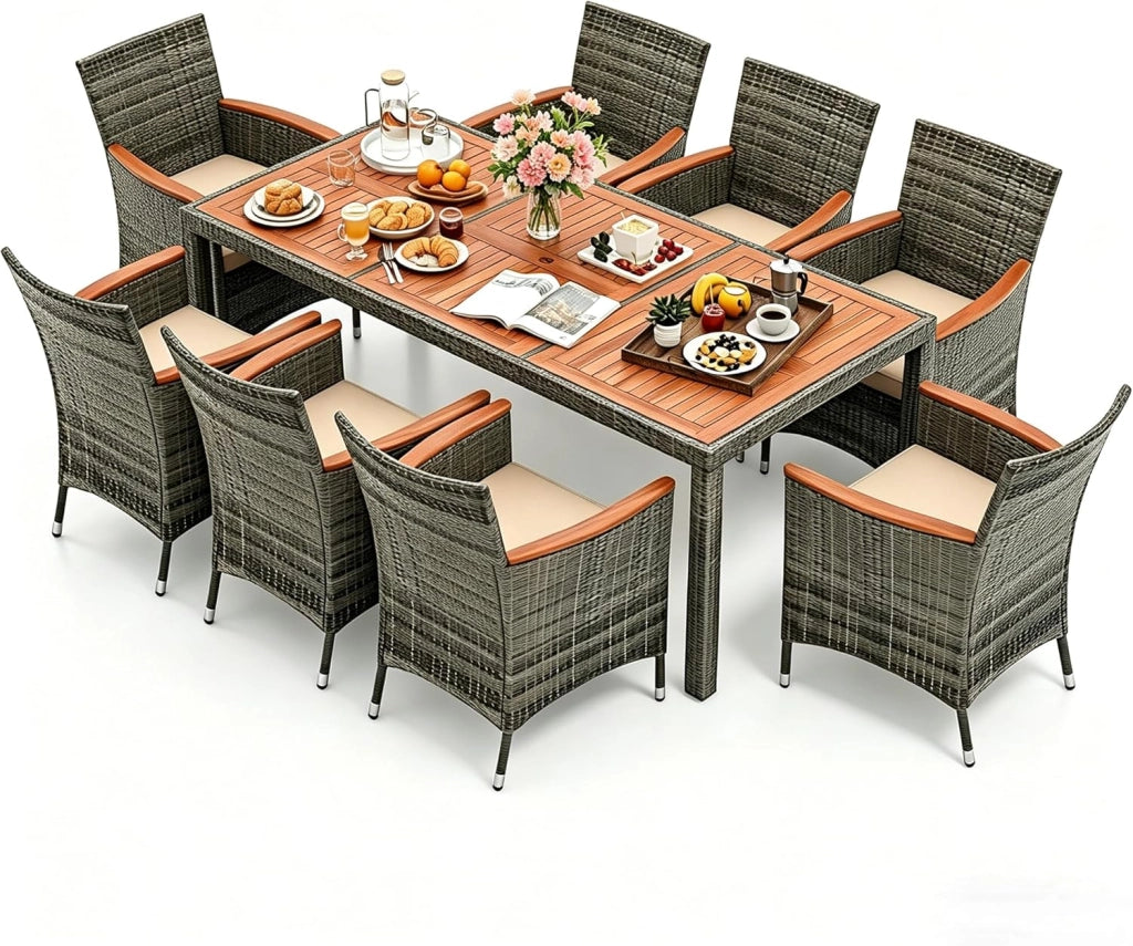 Salotto da Giardino Esterno, Set Mobili da Esterno in Rattan e Legno Massello con 8 Poltrone, Tavolo da Pranzo con Foro per Ombrellone da 5 cm e Cuscini Morbidi per Terrazzo, Bordo Piscina