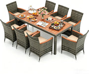 Salotto da Giardino Esterno, Set Mobili da Esterno in Rattan e Legno Massello con 8 Poltrone, Tavolo da Pranzo con Foro per Ombrellone da 5 cm e Cuscini Morbidi per Terrazzo, Bordo Piscina