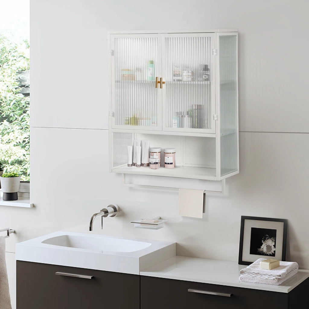 Armadietto pensile con 2 Ante; 1 Ripiano aperto e Portasalviette per Bagno in Metallo e Vetro; 60×23×78 cm; Bianco