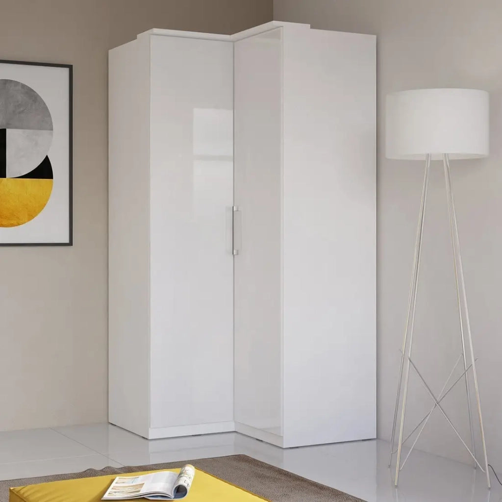 Armadio ad angolo per cabina armadio collezione MODULO colore bianco con LED inclusi.
