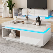OKWISH Set 2 Mobile TV e Tavolino da Salotto, con LED e Vano Contenitore, Pannelli Lucidi, in Truciolare Bianco