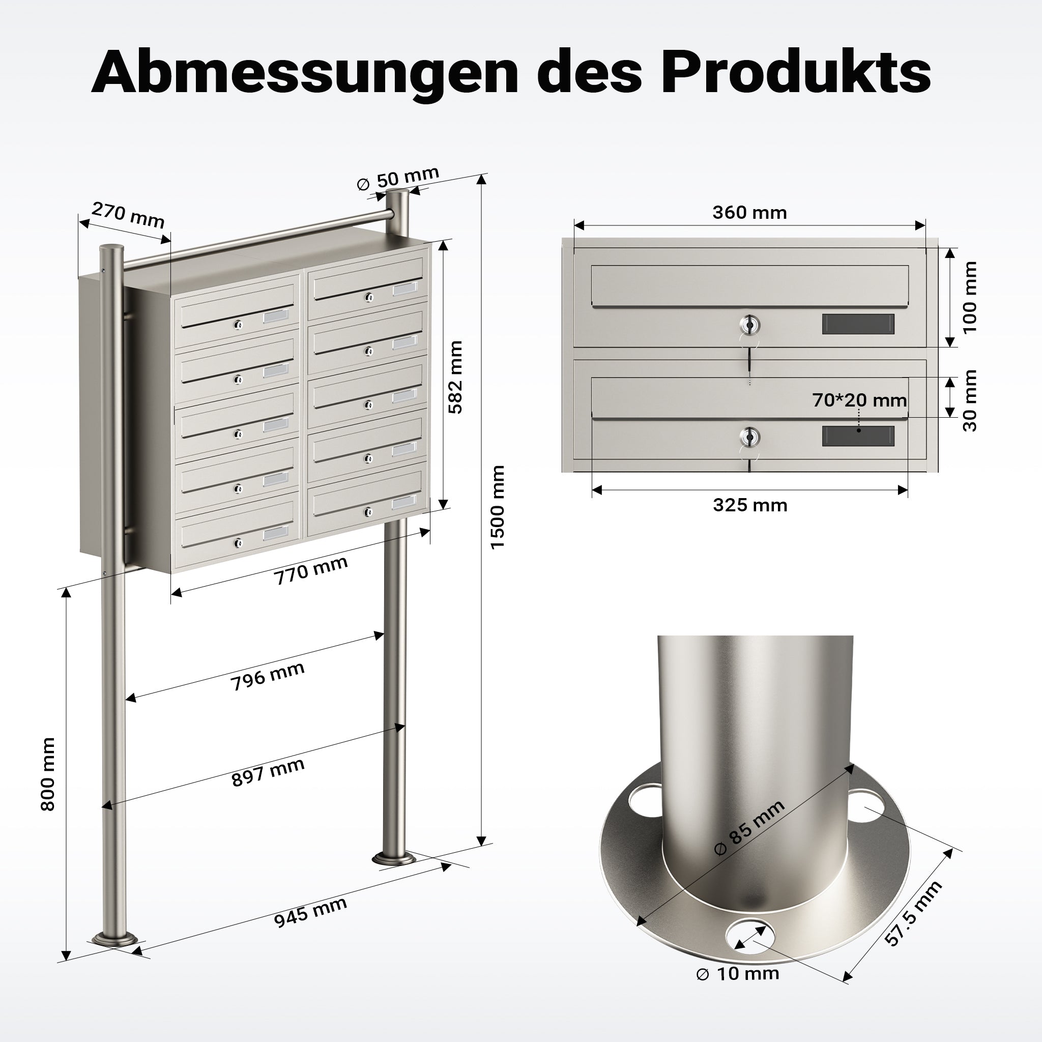 Cassetta postale condominiale autoportante, 10 posti, acciaio inox, 945 x 270 x 1500 mm, 2 moduli