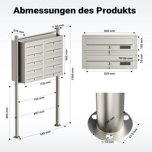 Cassetta postale condominiale autoportante, 10 posti, acciaio inox, 945 x 270 x 1500 mm, 2 moduli