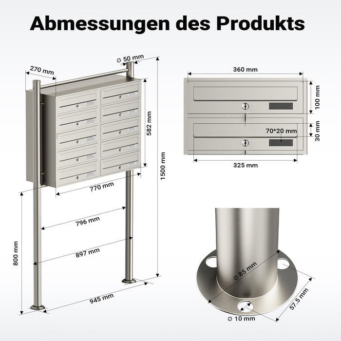 Cassetta postale condominiale autoportante, 10 posti, acciaio inox, 945 x 270 x 1500 mm, 2 moduli