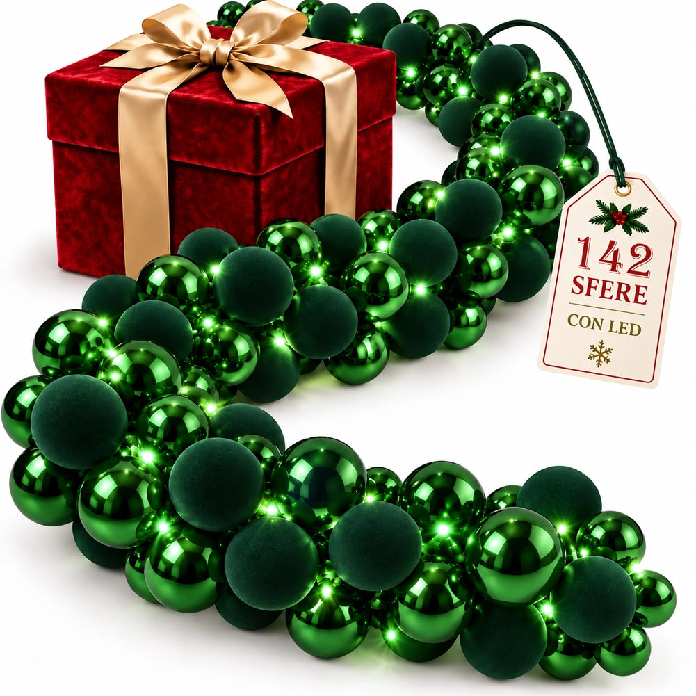 Ghirlanda Natalizia Festone 180cm 142 Sfere e Led Addobbo Lucido e Velluto Verde