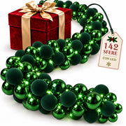 Ghirlanda Natalizia Festone 180cm 142 Sfere e Led Addobbo Lucido e Velluto Verde