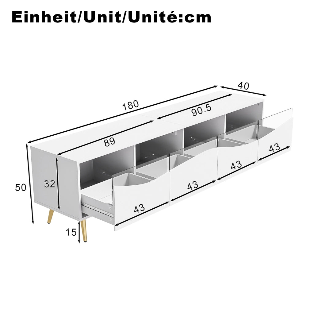 Mobile TV moderno 180 x 40 x 50 cm in MDF bianco con LED; frontali in vetro e cavi ordinati