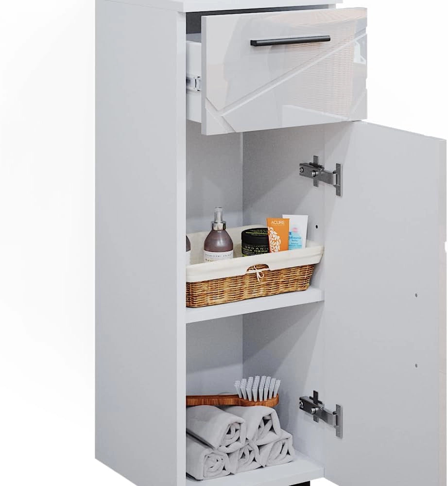 Mobiletto bagno Irma, Bianco lucido, 30 x 81 cm, per la conservazione in bagno, abbinabile alla serie Irma
