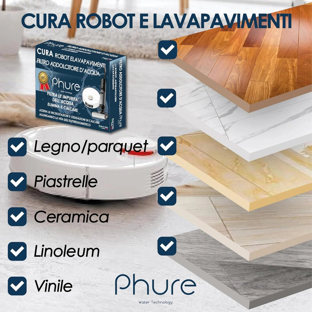 PHURE CURA ROBOT Filtro Universale Addolcitore Anticalcare per Robot Lavapavimenti, 6 Mesi di Protezione, Elimina Impurità e Calcare
