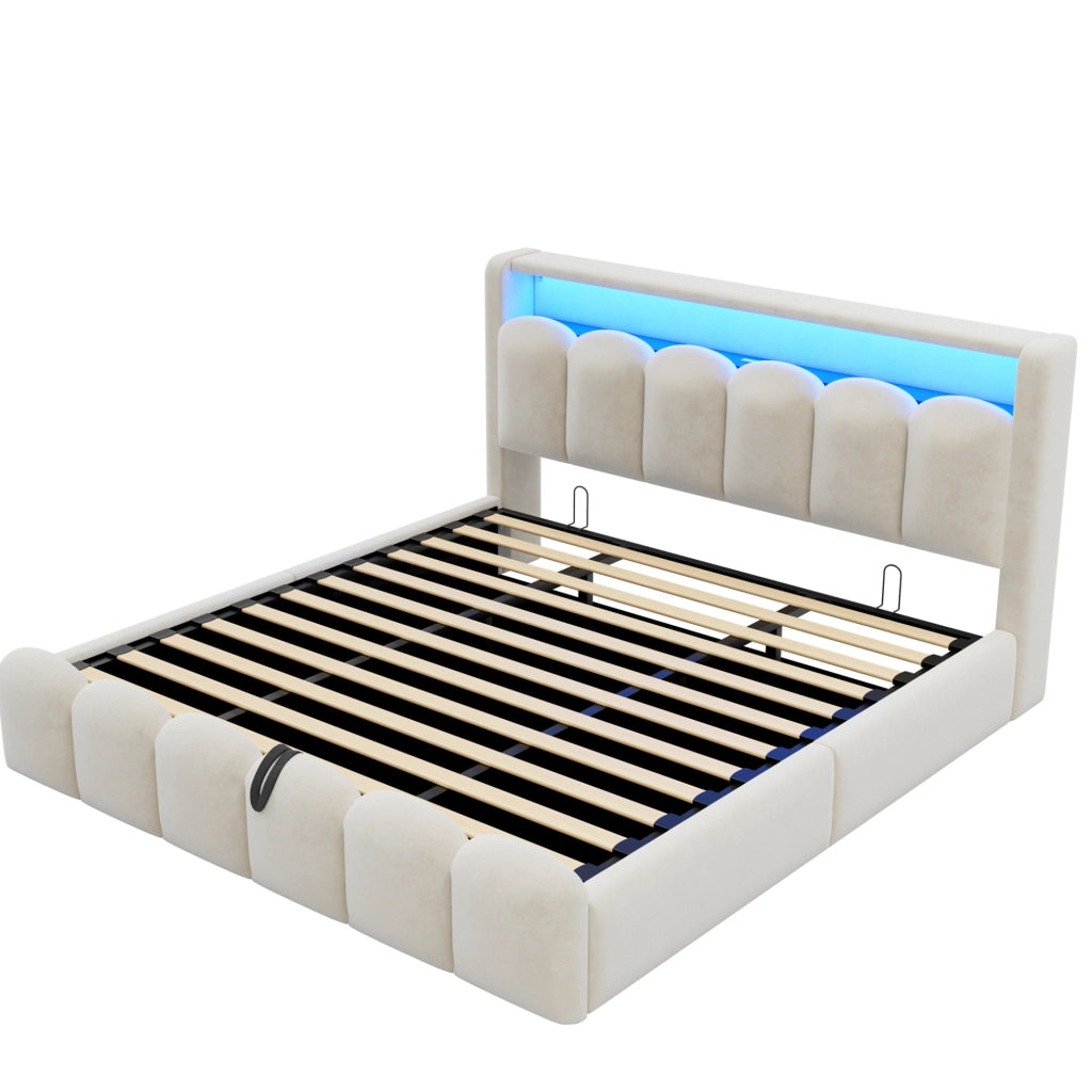 Letto imbottito 180x200 cm con contenitore; LED e USB in velluto beige