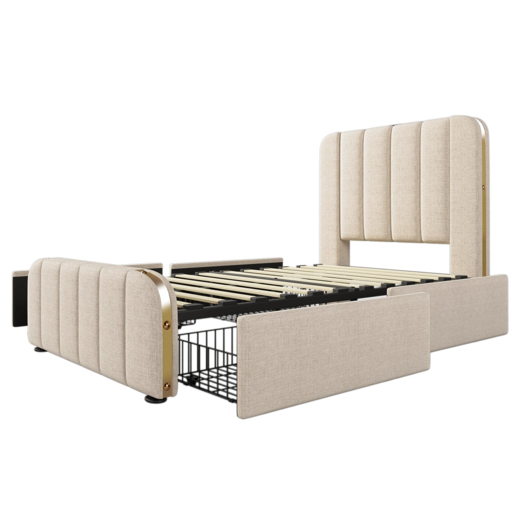 Letto singolo 90x200 cm in tessuto beige con 4 cassetti, USB e ricarica Type-C, rete a doghe e materasso