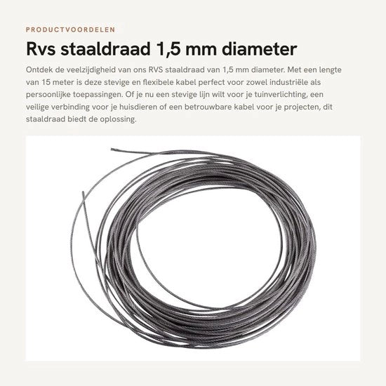 Cavo in acciaio inox 304 a 1,5 mm - 15 Metri - Alta resistenza alla temperatura - Costruzione 7x7 - Utilizzo multifunzionale - Cavo di acciaio