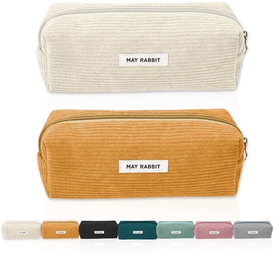 Set da 2 pezzi di custodia per tessuto corduroy, dimensioni 19*7*6 cm, custodia lavabile, custodia portatile, custodia estetica con chiusura a righello, per studenti (bianco, giallo)