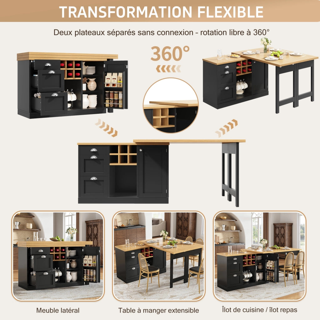 Tavolo da pranzo estensibile con contenitore; isola cucina girevole a 360°; 120 × 40 × 74 cm
