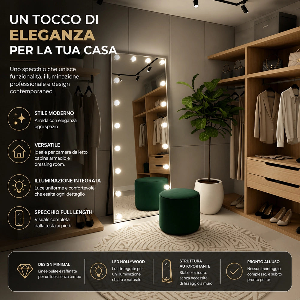 Specchio XXL Hollywood Figura Intera Indipendente con Led 3 Colori 60x160 cm