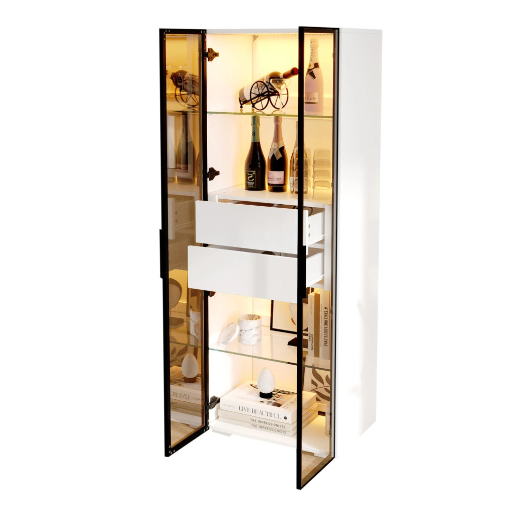 Vetrina da soggiorno 60x40x160 cm in MDF e vetro temperato; bianco; con LED e 2 cassetti