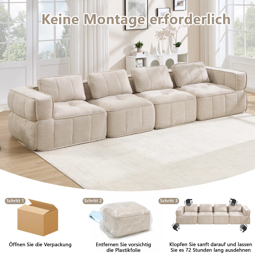 Canapé modulare a 4 posti senza struttura con schiuma 32D tessuto in poliestere beige ampia seduta 344 × 93 × 67 cm