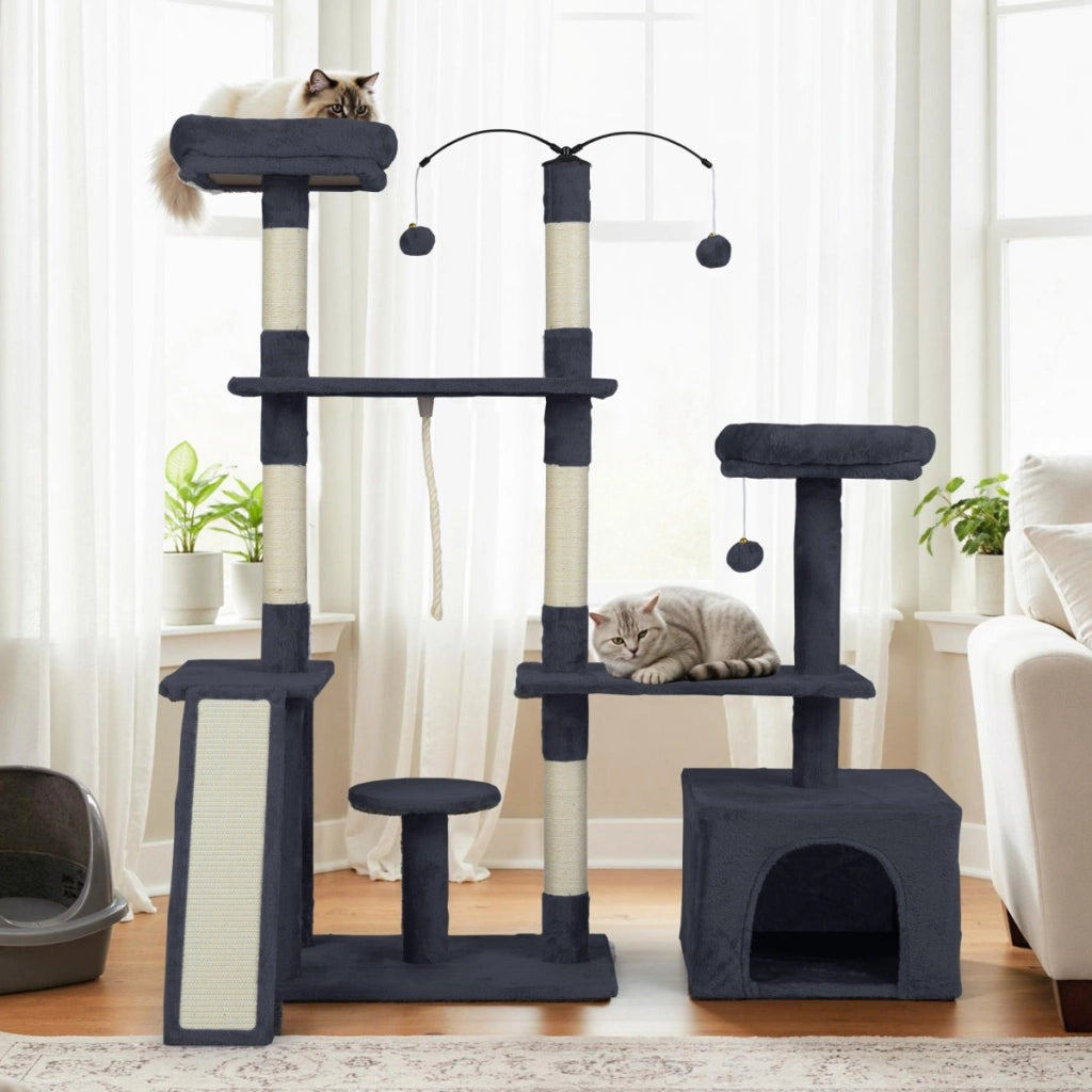 Albero per gatti 136 cm casa giochi multilivello con tiragraffi rampa, Albero per gatti 2 posatoi imbottiti ampio condo Grigio scuro-Alberi Tiragraffi