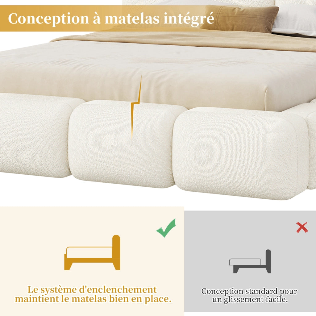 Letto matrimoniale imbottito 180x200 cm design nuvola con testiera imbottita e rete a doghe; bouclé bianco