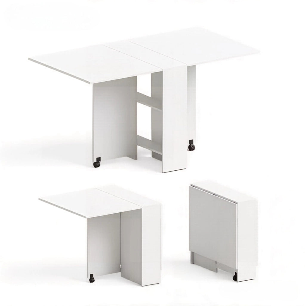 Tavolo da pranzo pieghevole ULEVR 75x140x74 cm con ruote frenate e 2 ripiani, bianco