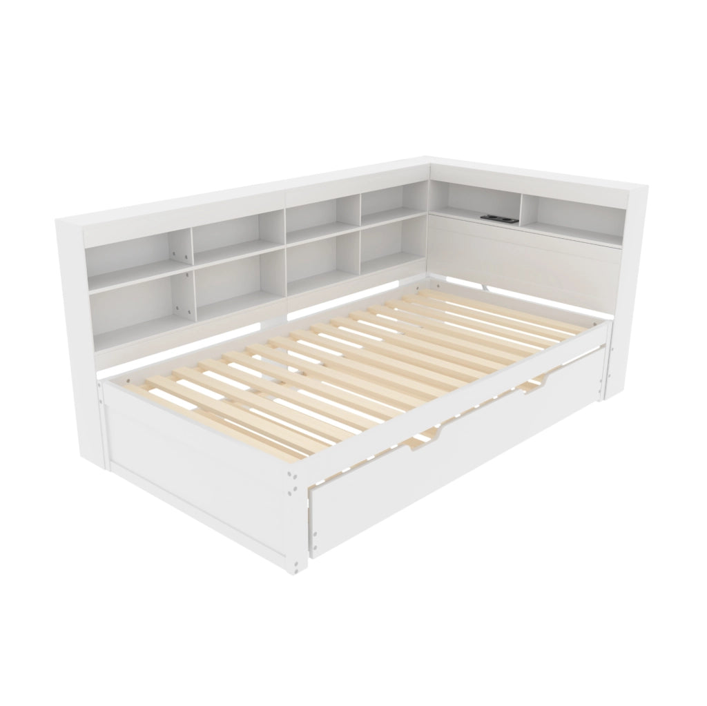 Letto multifunzione in legno 90x200 cm con letto estraibile, USB e vani contenitivi