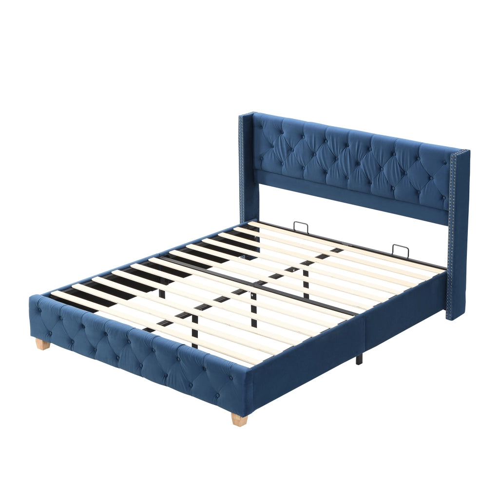 Letto imbottito 160x200 cm in velluto blu con testiera trapuntata, rete a doghe e gambe robuste