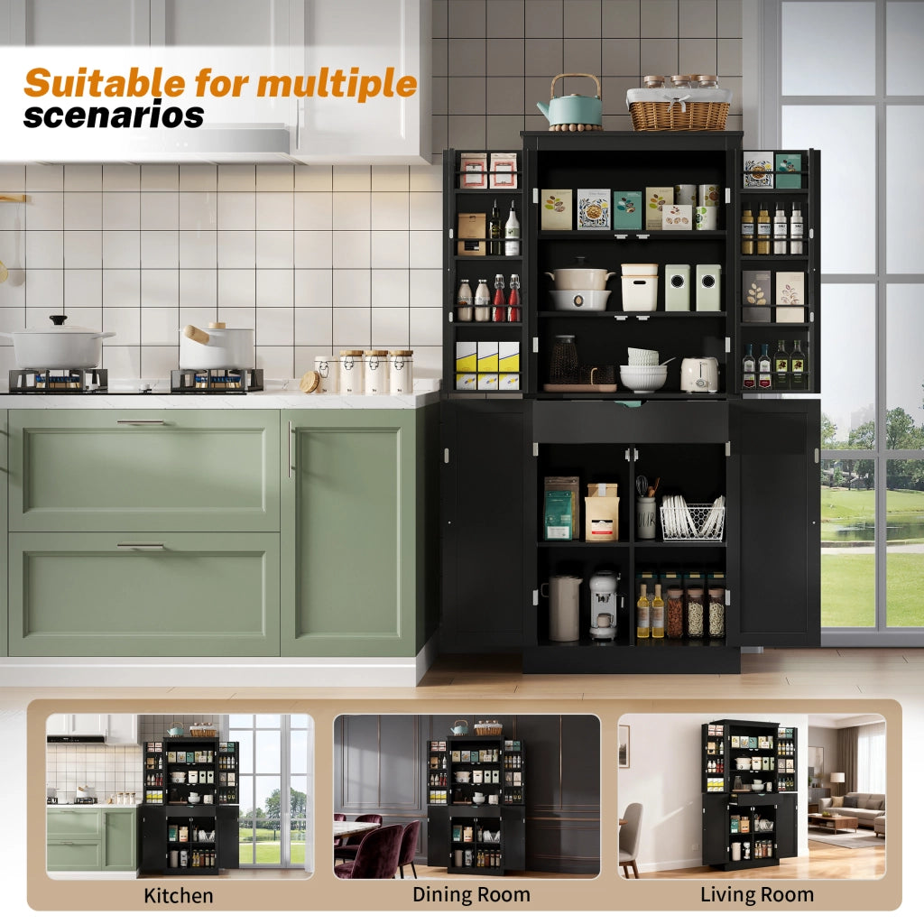 Mobile da cucina, mobile porta snack, mobile con ripiani e ante, con cassetti, 182 x 40 x 75 cm, nero