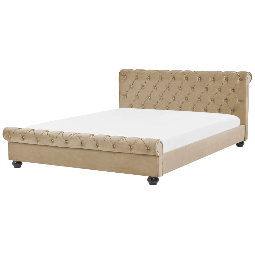Letto ad acqua in velluto beige 180 x 200 cm con testiera trapuntata stile glamour