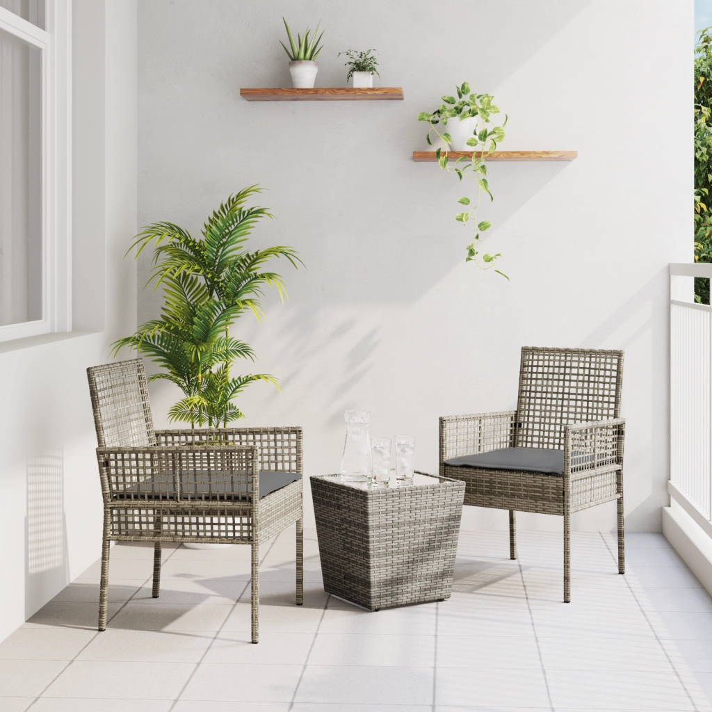 Set Bistro da Giardino 3 Pezzi con Cuscini Grigio in Polyrattan