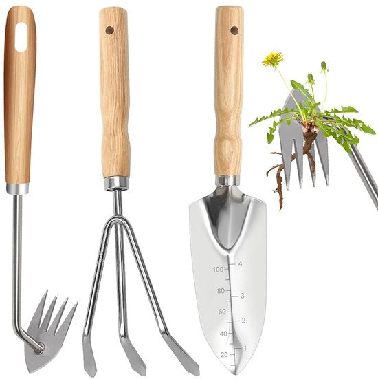 Set di attrezzatura per giardinaggio, set di 3 attrezzi per giardinaggio con attrezzo manuale, set di attrezzi per giardinaggio con cucchiai in acciaio inossidabile, strumento per eliminare l'erba infestante per piante, wieden, prati e cura del giardino