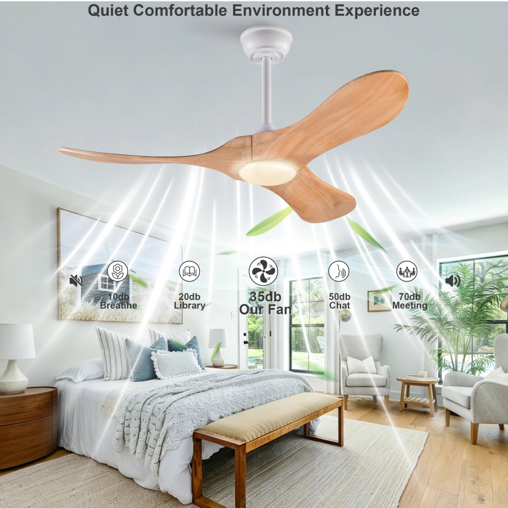Ventilatore da soffitto 42 pollici con illuminazione e telecomando, 3 pale legno massello naturale, 3CCT dimmerabile, reversibile, 6 vel, timer